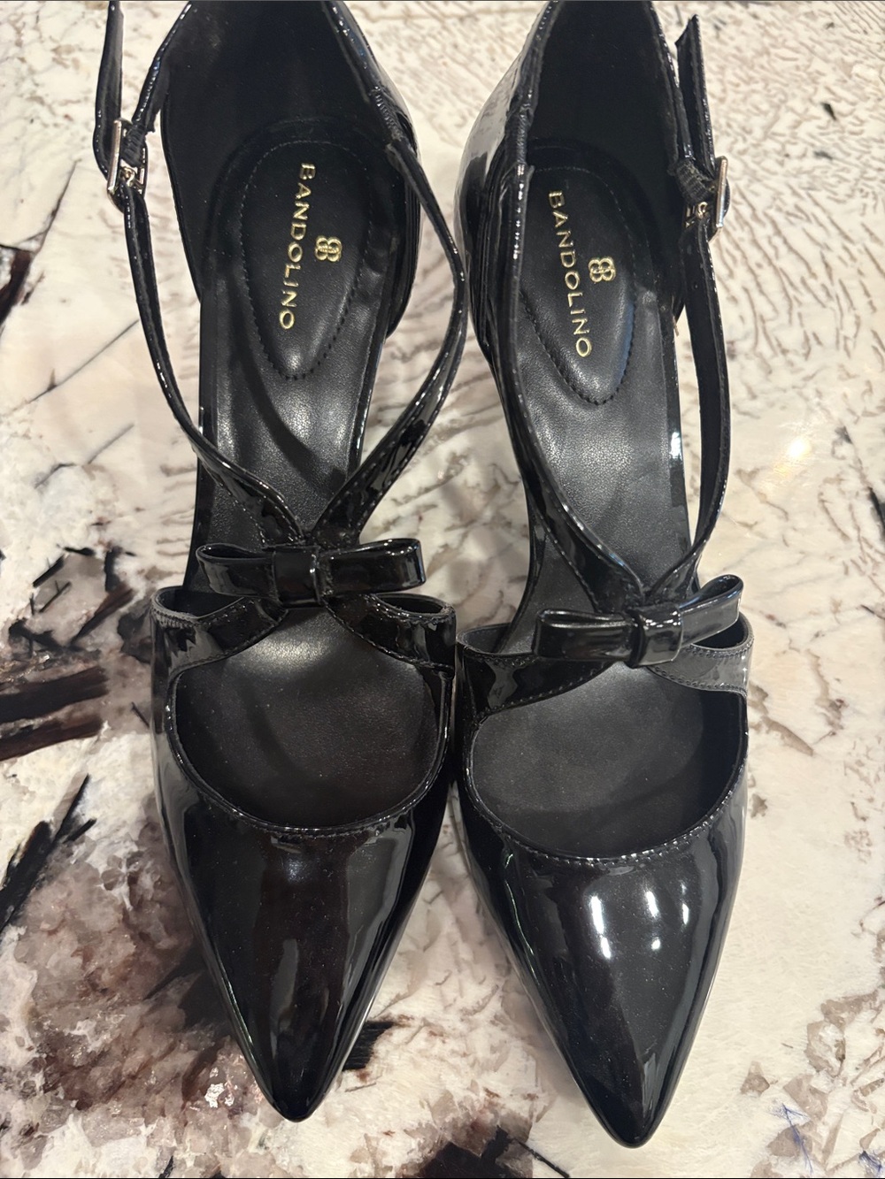 Bandolino Black Patent Pointed-Toe Bow Ankle-Strap Pumps